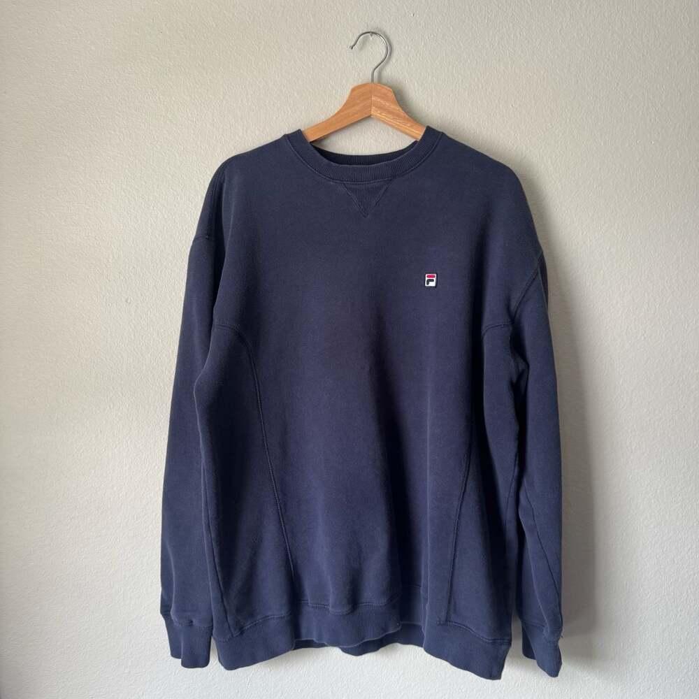 FILA Heritage Navy Crewneck Sweatshirt Spellout Logo Large 90s Style
